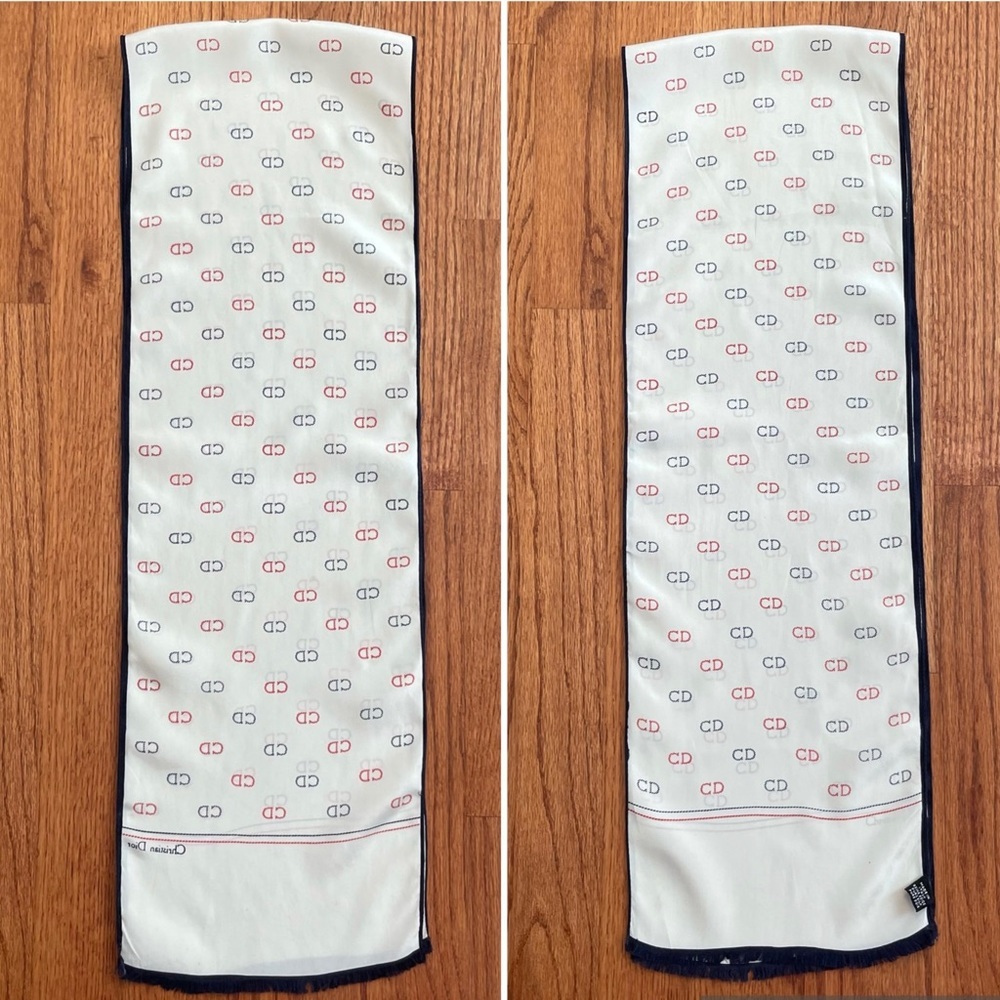 Christian Dior red and blue monogram on white silk scarf made in Italy - Picture 8 of 11